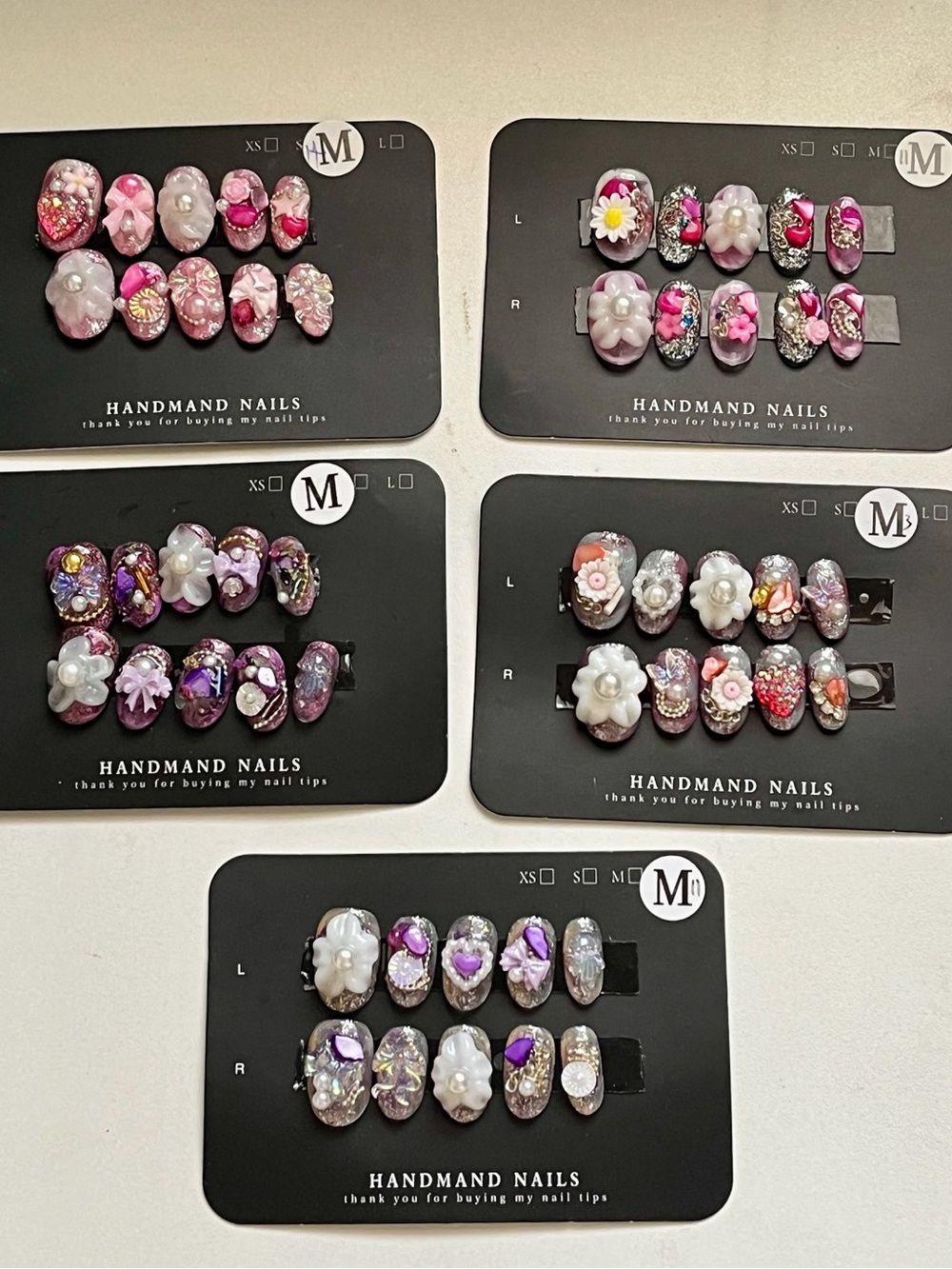 Lot of 5- Size M Press-On Nail Sets